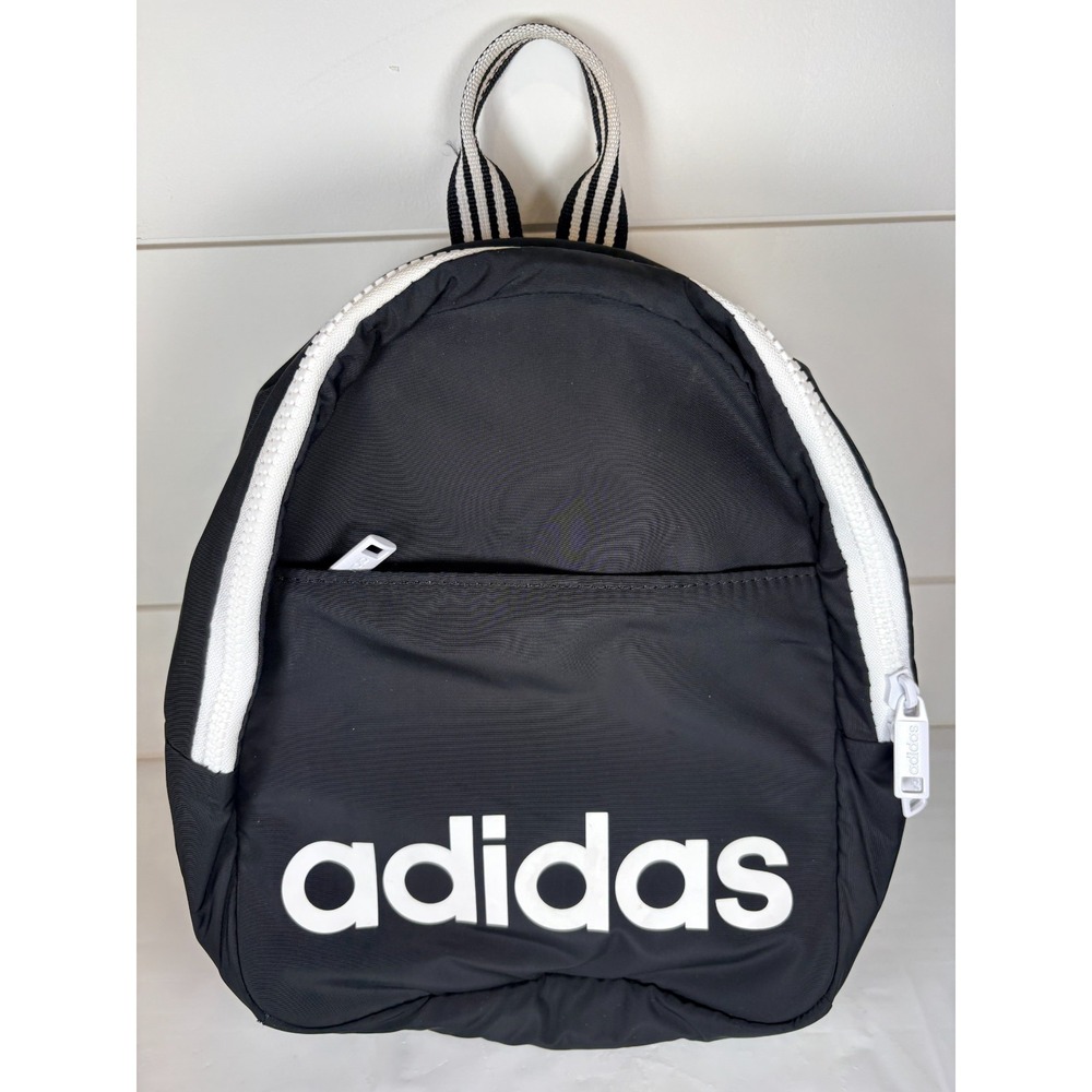 Adidas Core Mini Backpack Black White Striped Straps Nylon Athletic Logo Pockets